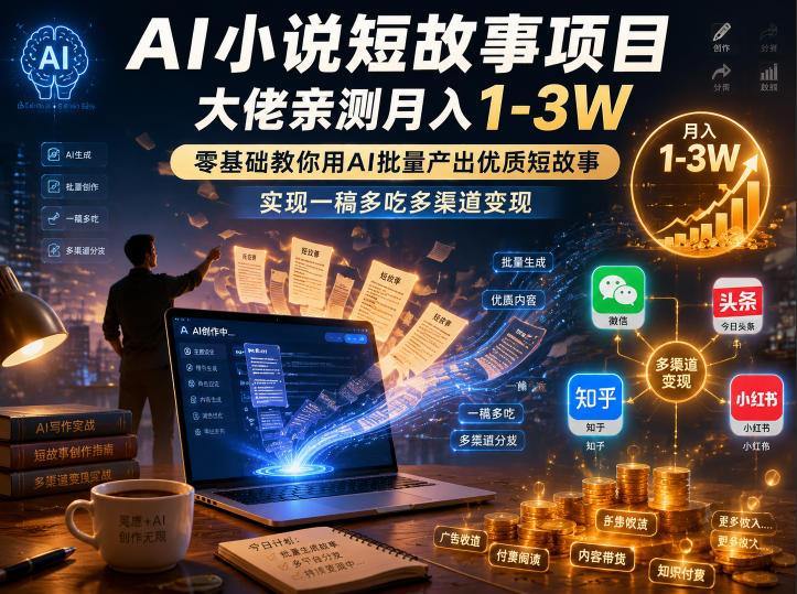 AI小说短故事项目，大佬亲测月入1-3W，零基础教你用AI批量产出优质短故事，实现一稿多吃多渠道变现-副业终点站