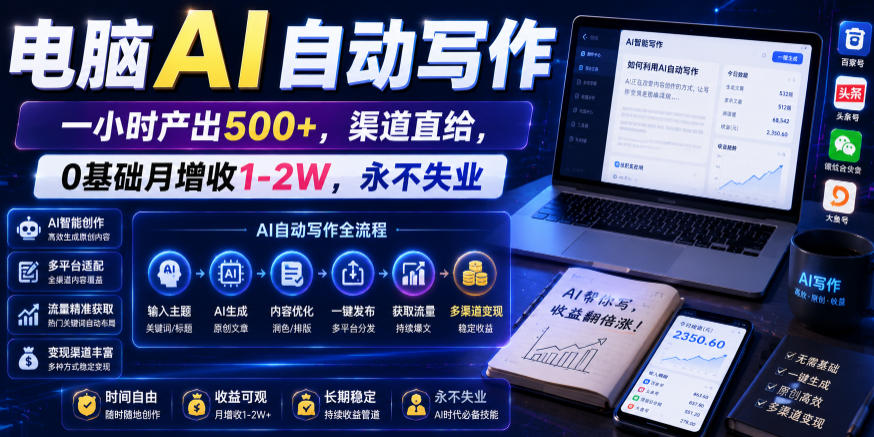 电脑AI自动写作，一小时产出500+，渠道直给，0基础月增收1-2W，永不失业【揭秘】-副业终点站