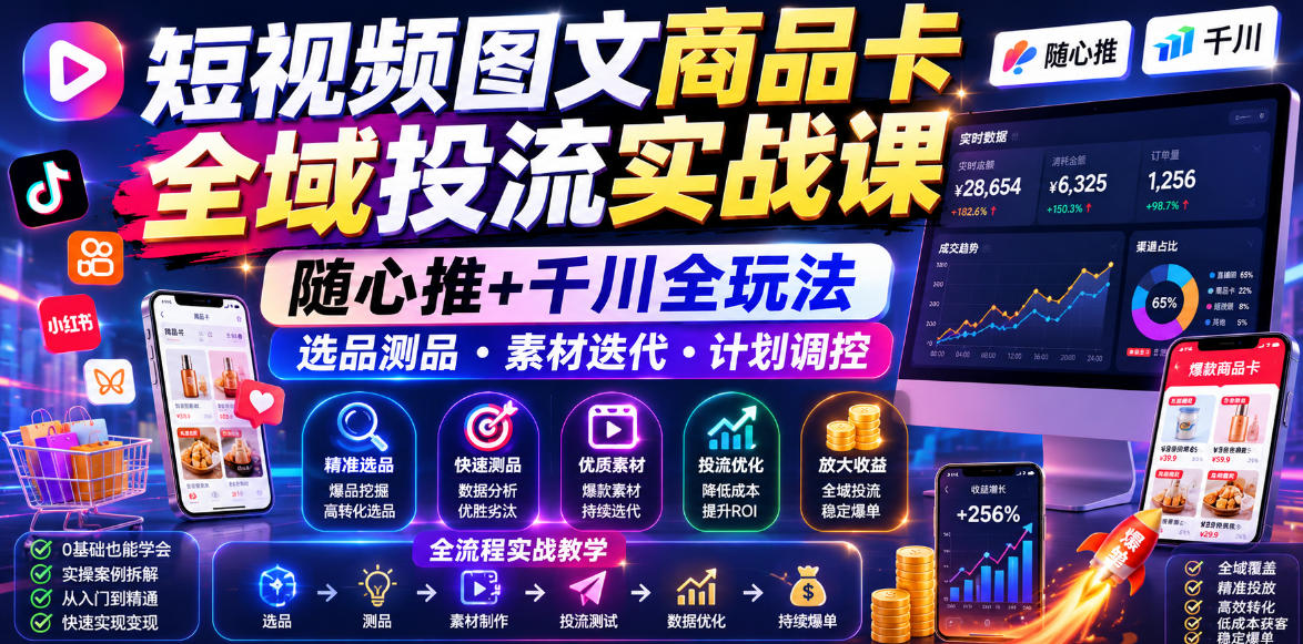 短视频图文商品卡全域投流实战课，随心推+千川全玩法，选品测品・素材迭代・计划调控，提升ROI爆单增收教程-副业终点站
