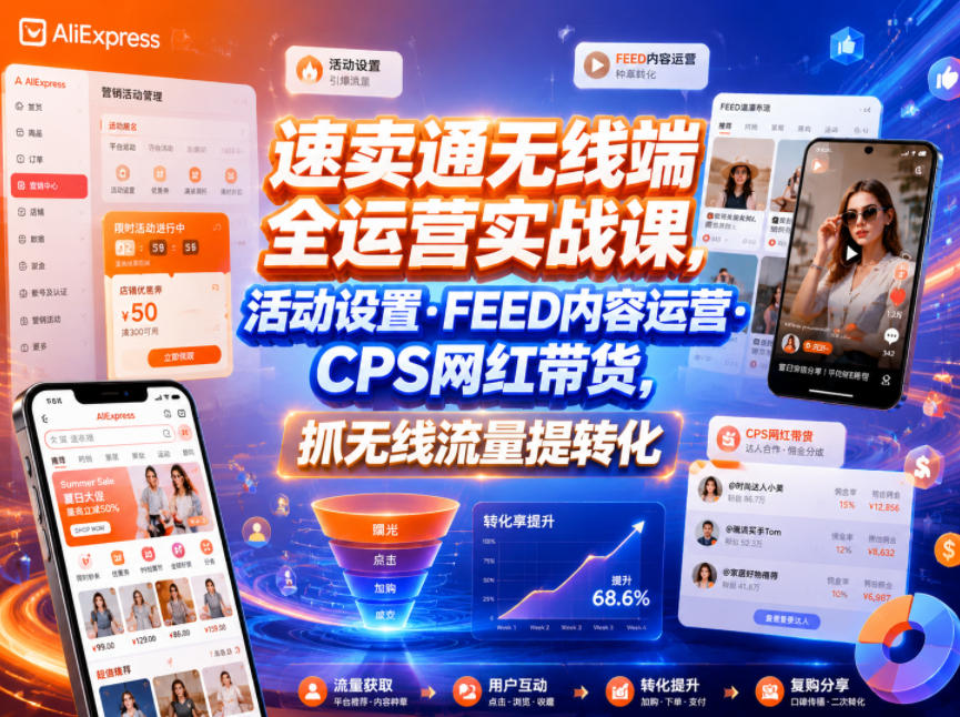 速卖通无线端全运营实战课，活动设置・FEED内容运营・CPS网红带货，抓无线流量提转化-副业终点站