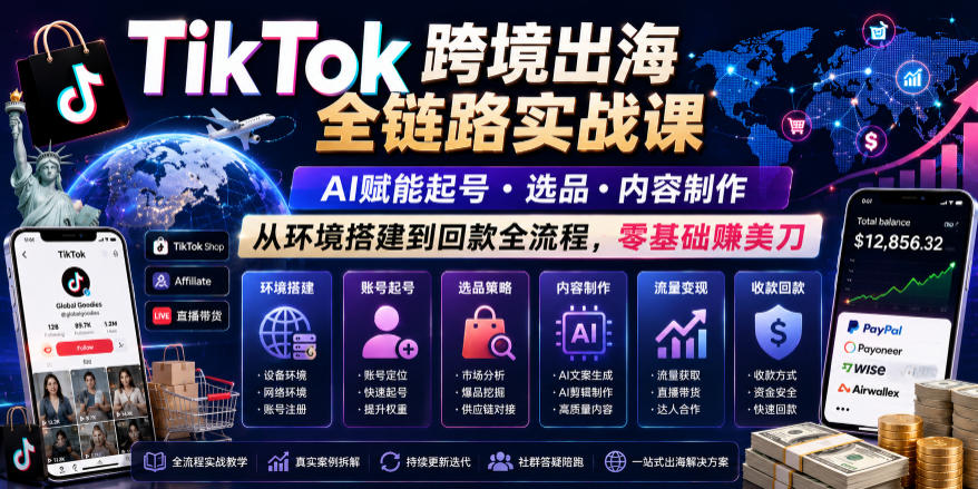 TikTok跨境出海全链路实战课，AI赋能起号・选品・内容制作，从环境搭建到回款全流程，零基础賺美刀-副业终点站