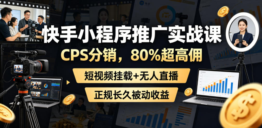 快手小程序推广实战课,CPS分销,80%超高佣,短视频挂载+无人直播,正规长久被动收益-副业终点站