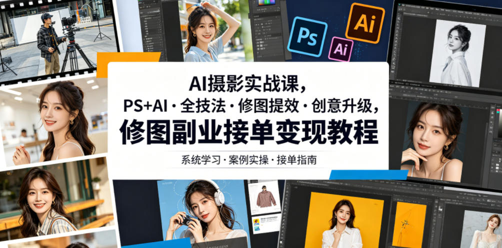 AI摄影实战课，PS+AI・全技法・修图提效・创意升级，修图副业接单变现教程-副业终点站