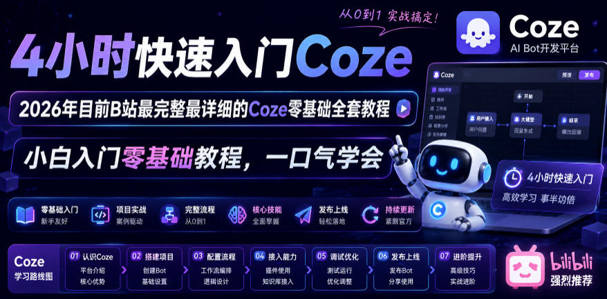 4小时快速入门Coze！2026年目前B站最完整最详细的Coze零基础全套教程，小白入门零基础教程，一口气学会！-副业终点站