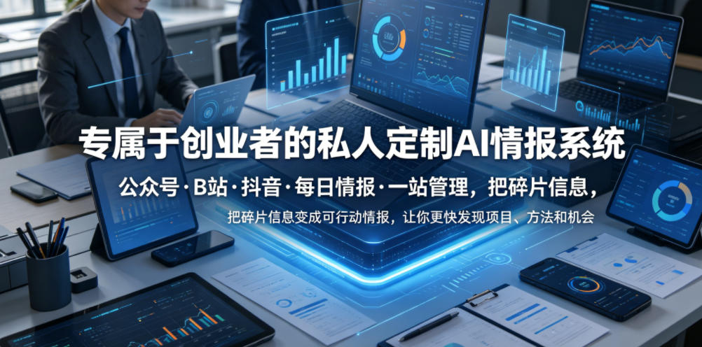 专属于创业者的私人定制AI情报系统，公众号·B站·抖音·每日情报·一站管理，把碎片信息变成可行动情报，让你更快发现项目、方法和机会-副业终点站
