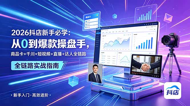 2026抖店新手必学:从0到爆款操盘手,商品卡+千川+短视频+直播+达人全链路-副业终点站