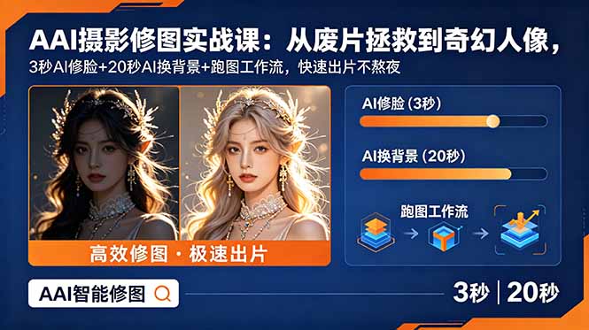 AI摄影修图实战课：从废片拯救 到 奇幻人像，3秒AI修脸+20秒AI换背景+跑图工作流，快速出片不熬夜-副业终点站
