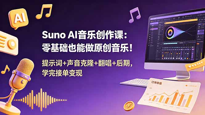 Suno AI音乐创作课：零基础也能做原创音乐！提示词+声音克隆+翻唱+后期，学完接单变现-副业终点站