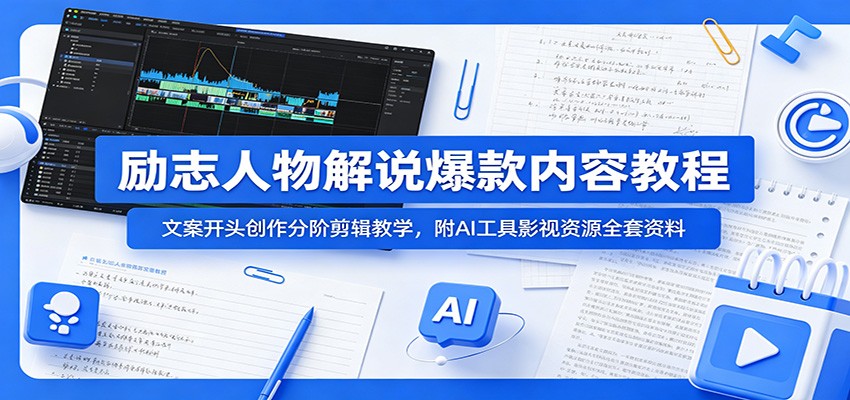 励志人物解说爆款内容教程：文案开头创作分阶剪辑教学，附AI 工具影视资源全套资料-副业终点站