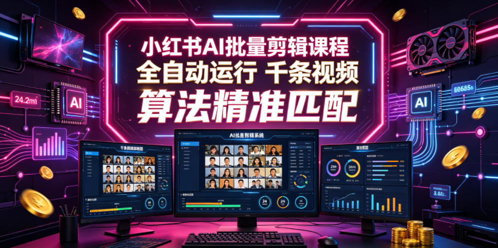 小红书AI批量剪辑课程,24小时全自动运行,解放双手专注运营,千条视频批量处理,小红书算法精准匹配-副业终点站