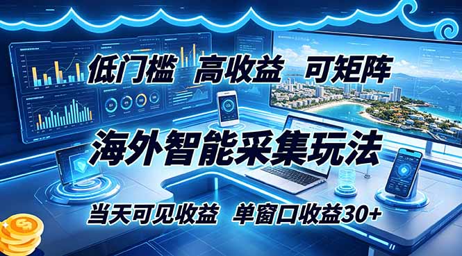海外智能采集玩法，低门槛高单价可矩阵，当天可见收益，单窗口30+-副业终点站