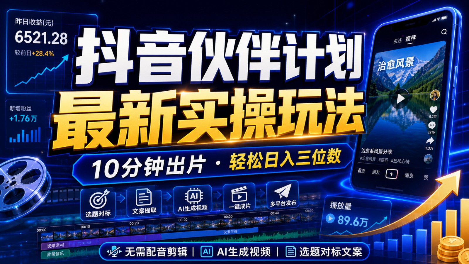 抖音伙伴计划最新暴利玩法，不用找素材和剪辑，10分钟出一条原创视频，轻松日入三位数-副业终点站