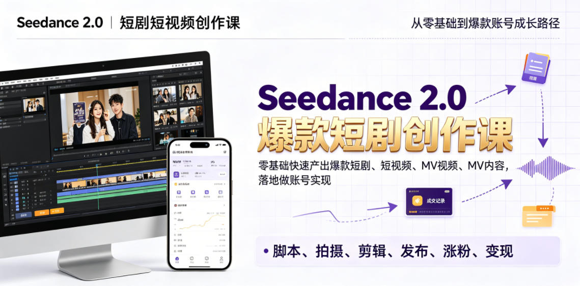 Seedance 2.0短剧短视频创作课,零基础快速产出爆款短剧、短视频、MV内容,落地做账号实现变现-副业终点站