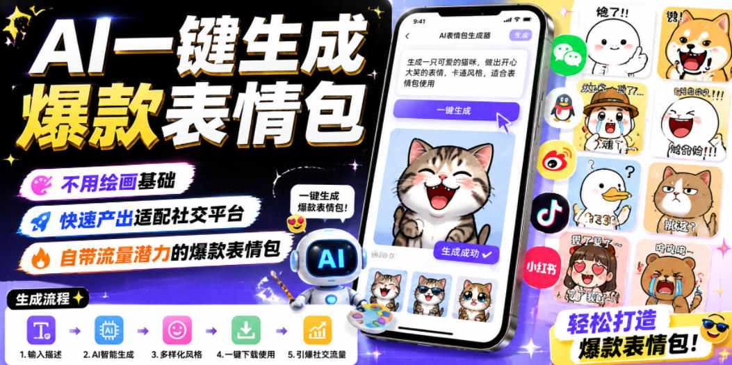 AI一键生成爆款表情包,不用绘画基础,快速产出适配社交平台,自带流量潜力的爆款表情包-副业终点站