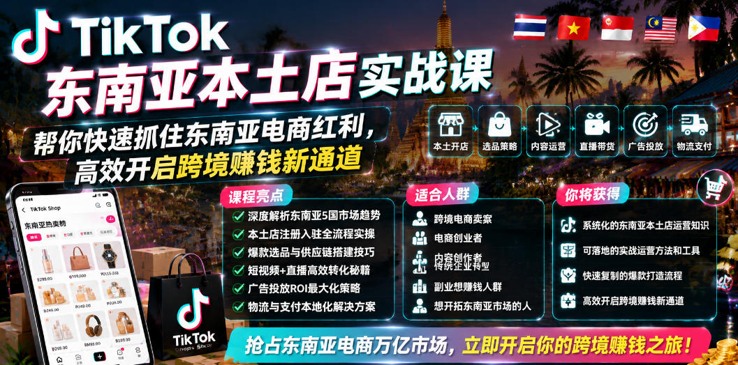 TikTok东南亚本土店实战课,帮你快速抓住东南亚电商红利,高效开启跨境賺钱新通道-副业终点站