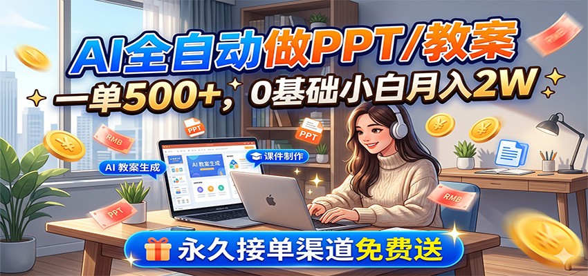 AI全自动做PPT/教案，一单500+，0基础小白月入2W，永久接单渠道免费送-副业终点站