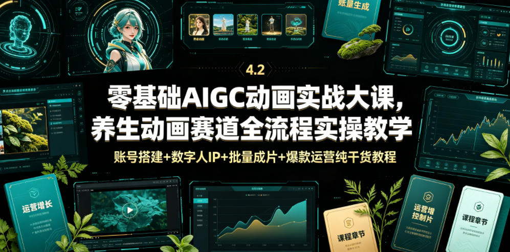零基础AIGC动画实战大课，养生动画赛道全流程实操教学，账号搭建+数字人IP+批量成片+爆款运营纯干货教程-副业终点站