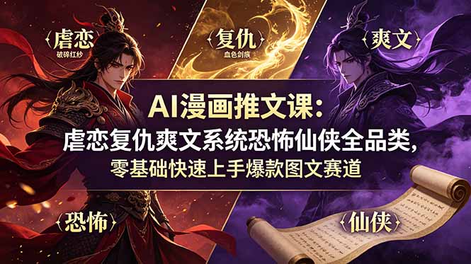 AI漫画推文课：虐恋复仇爽文系统恐怖仙侠全品类，零基础快速上手爆款图文赛道-副业终点站