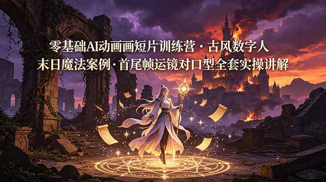 零基础AI动画短片训练营，古风数字人末日魔法案例，首尾帧运镜对口型全套实操讲解-副业终点站