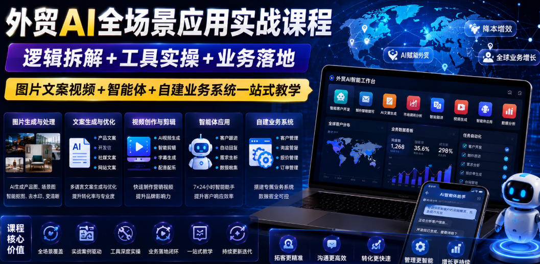 外贸AI全场景应用实战课程｜逻辑拆解+工具实操+业务落地，图片文案视频+智能体+自建业务系统一站式教学-副业终点站
