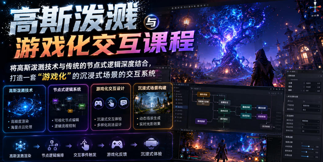 高斯泼溅与游戏化交互课程，将高斯泼溅技术与传统的节点式逻辑深度结合，打造一套“游戏化”的沉浸式场景的交互系统-副业终点站