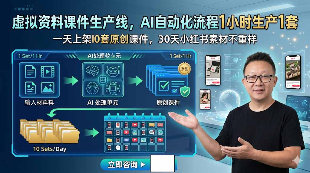 虚拟资料课件生产线，AI自动化流程1小时生产1套，一天上架10套原创课件，30天小红书素材不重样-副业终点站