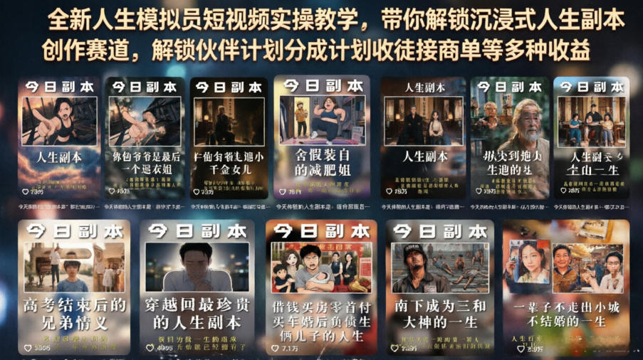 全新人生模拟员短视频实操教学，带你解锁沉浸式人生副本创作赛道，解锁伙伴计划分成计划收徒接商单等多种收益-副业终点站