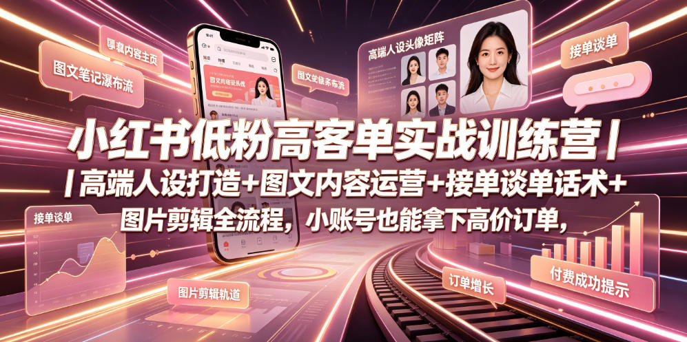 小红书低粉高客单实战训练营｜高端人设打造+图文内容运营+接单谈单话术+图片剪辑全流程，小账号也能拿下高价订单-副业终点站