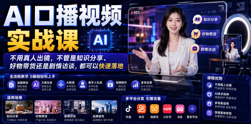 AI口播视频实战课，不用真人出镜，不管是知识分享、好物带货还是剧情访谈，都可以快速落地-副业终点站
