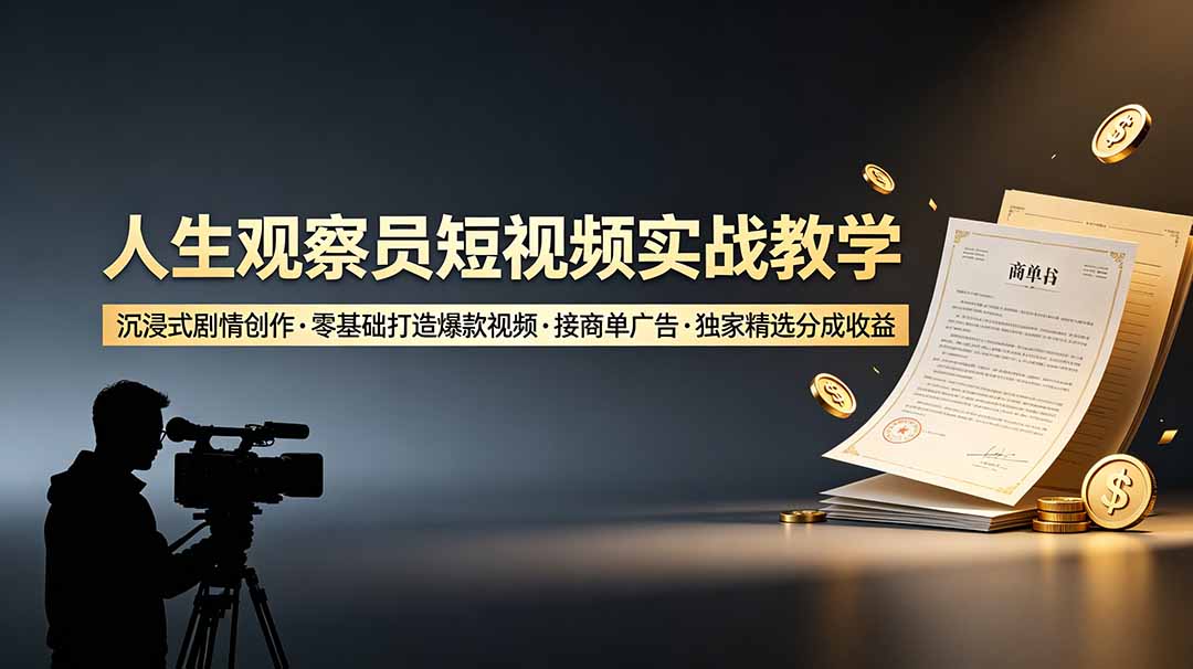 人生观察员短视频实战教学，沉浸式剧情创作，零基础打造爆款视频，接商单广告，独家精选分成收益-副业终点站