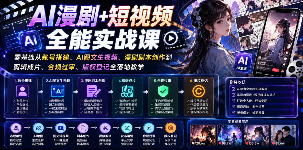 AI漫剧+短视频全能实战课｜零基础从账号搭建、AI图文生视频、漫剧剧本创作到剪辑成片、合规过审、版权登记全落地教学-副业终点站