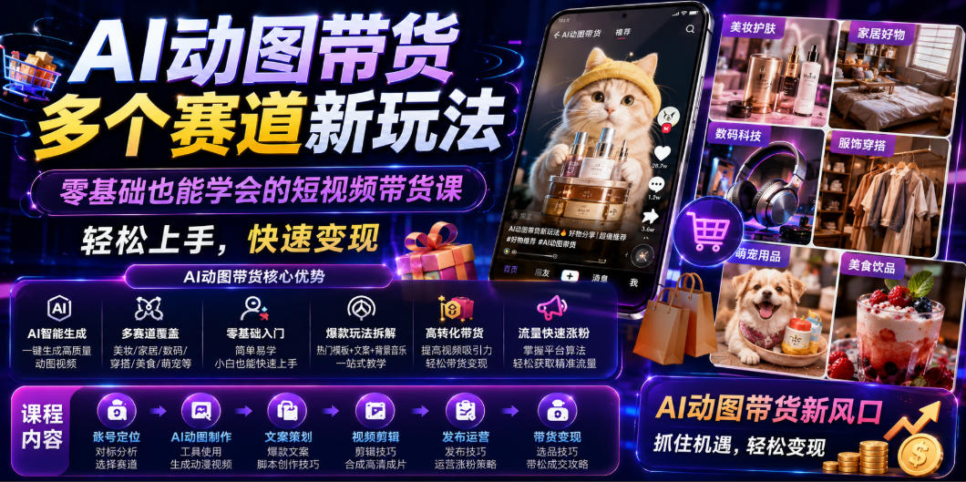 AI动图带货多个赛道新玩法，零基础也能学会的短视频带货课，轻松上手，快速变现-副业终点站
