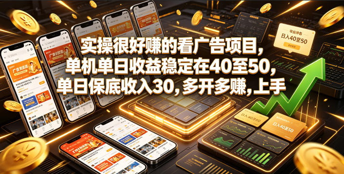 实操很好賺的看广告项目，单机单日收益稳定在40至50，单日保底收入30，多开多賺，上手就能变现【揭秘】-副业终点站