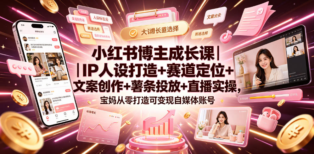 小红书博主成长课｜IP人设打造+赛道定位+文案创作+薯条投放+直播实操，宝妈从零打造可变现自媒体账号-副业终点站