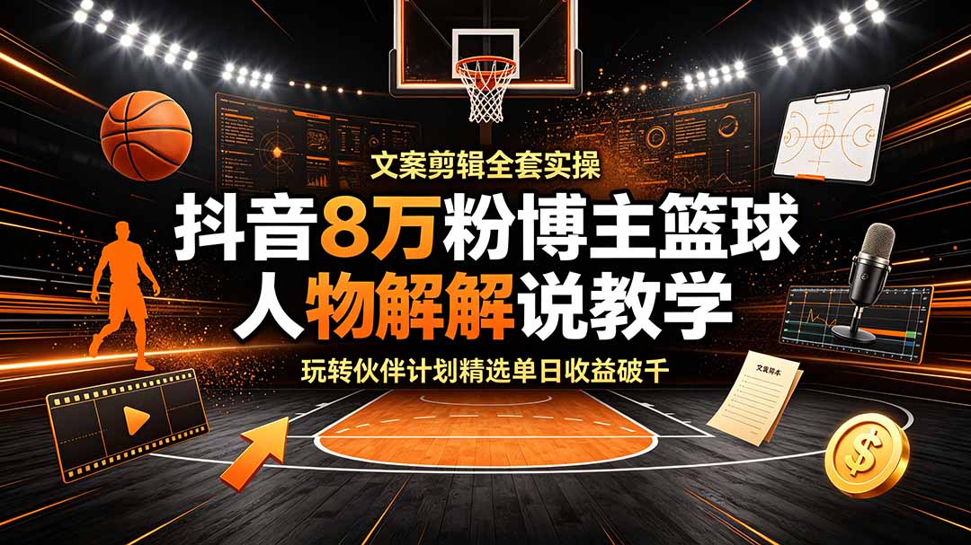 抖音8万粉博主篮球人物解说教学，文案剪辑全套实操，玩转伙伴计划精选单日收益破千-副业终点站