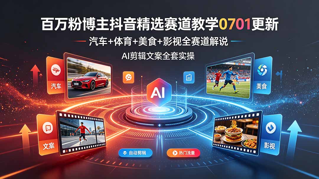 百万粉博主抖音精选赛道教学-0701更新，汽车+体育+美食+影视全赛道解说，AI剪辑文案全套实操-副业终点站