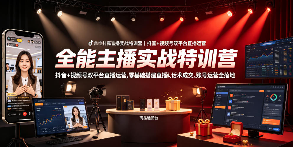 全能主播实战特训营｜抖音+视频号双平台直播运营，零基础搭建直播间、精准选品、话术成交、账号运营全落地-副业终点站
