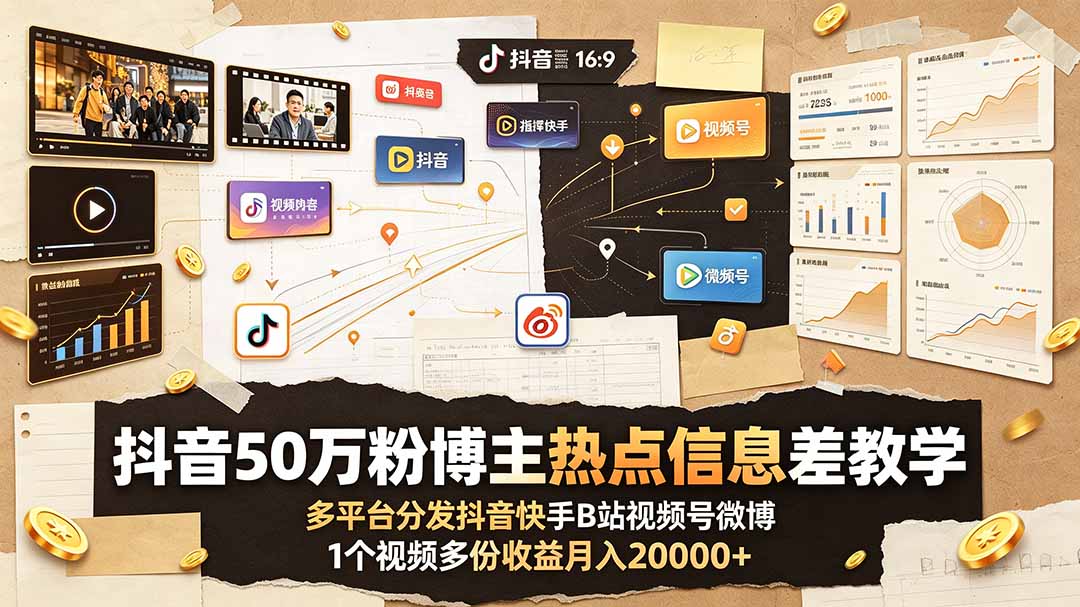 抖音50万粉博主热点信息差教学：多平台分发抖音快手B站视频号微博，1个视频多份收益月入20000+-副业终点站