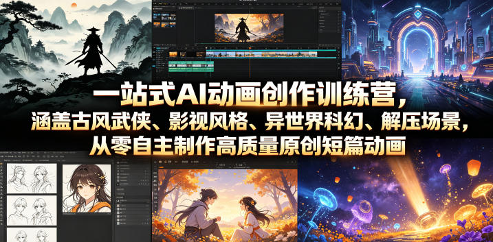一站式AI动画创作训练营，涵盖古风武侠、影视风格、异世界科幻、解压场景，从零自主制作高质量原创短篇动画-副业终点站