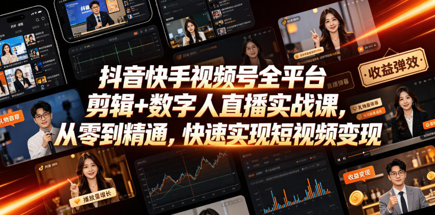 抖音快手视频号全平台剪辑+数字人直播实战课，从零到精通，快速实现短视频变现(更新2026年6月)​-副业终点站