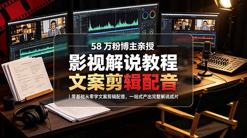58 万粉博主荧幕春秋亲授影视解说教程｜零基础从零学文案剪辑配音，一站式产出完整解说成片-副业终点站