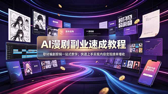 AI漫剧副业速成教程，取材编剧剪辑一站式教学；快速上手实现内容变现接单增收-副业终点站