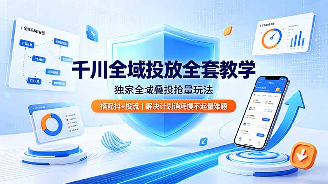 千川全域投放全套教学，独家全域叠投抢量玩法，搭配抖+投流，解决计划消耗慢不起量难题-副业终点站