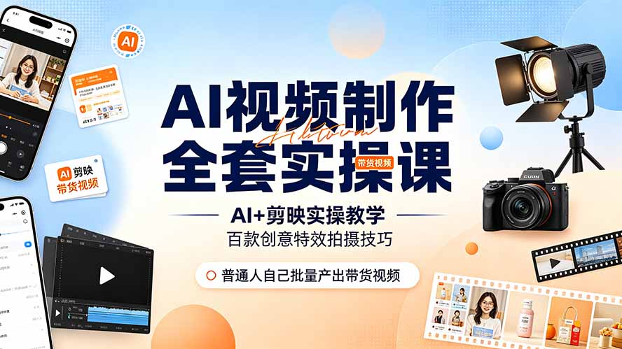 AI视频制作全套实操课,多款AI工具搭配剪映教学,百种特效运镜拍摄实操,抖音账号带货运营全覆盖-副业终点站