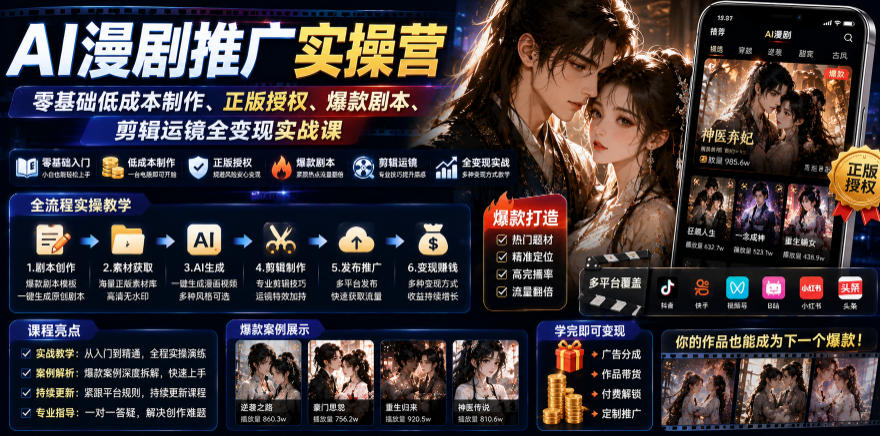 AI漫剧推广实操营｜零基础低成本制作、正版授权、爆款剧本、剪辑运镜全变现实战课-副业终点站