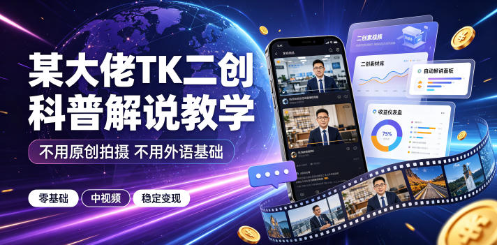 某大佬TK二创科普解说教学，不用原创拍摄不用外语基础，零基础做TikTok中视频稳定变现-副业终点站