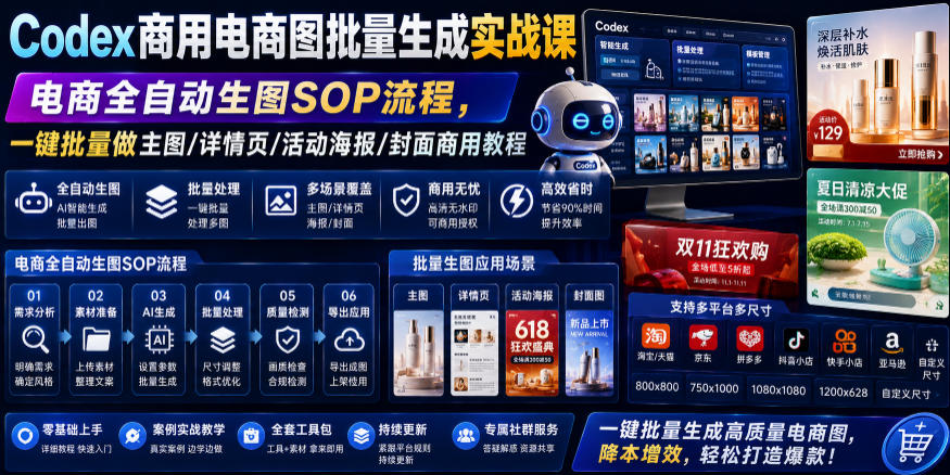 Codex商用电商图批量生成实战课｜电商全自动生图SOP流程，一键批量做主图/详情页/活动海报/封面商用教程-副业终点站