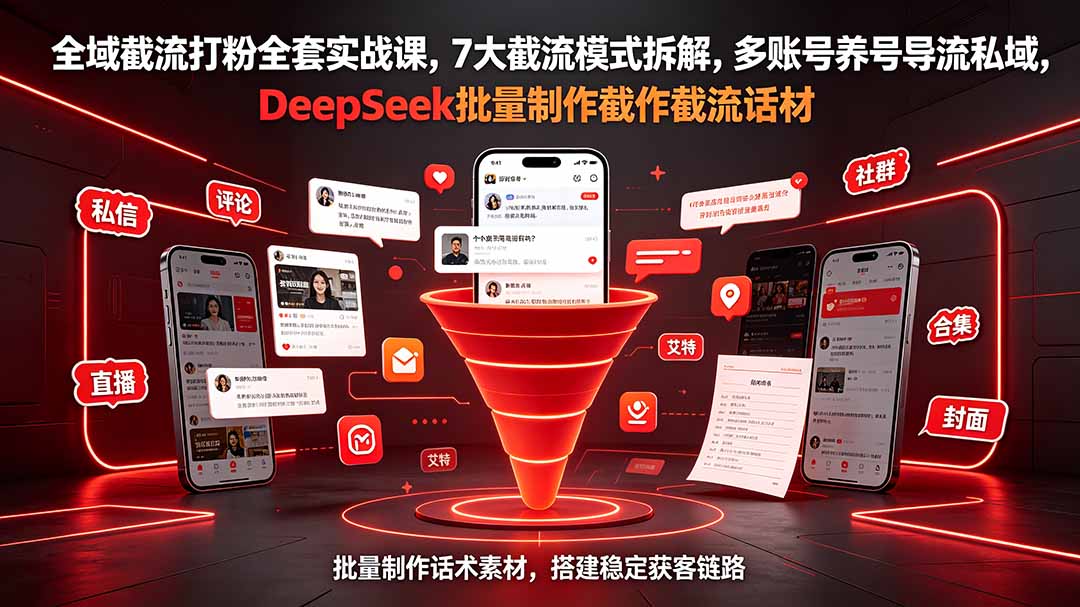 全域截流打粉全套实战课，7大截流模式拆解，多账号养号导流私域，DeepSeek批量制作截流话术素材-副业终点站