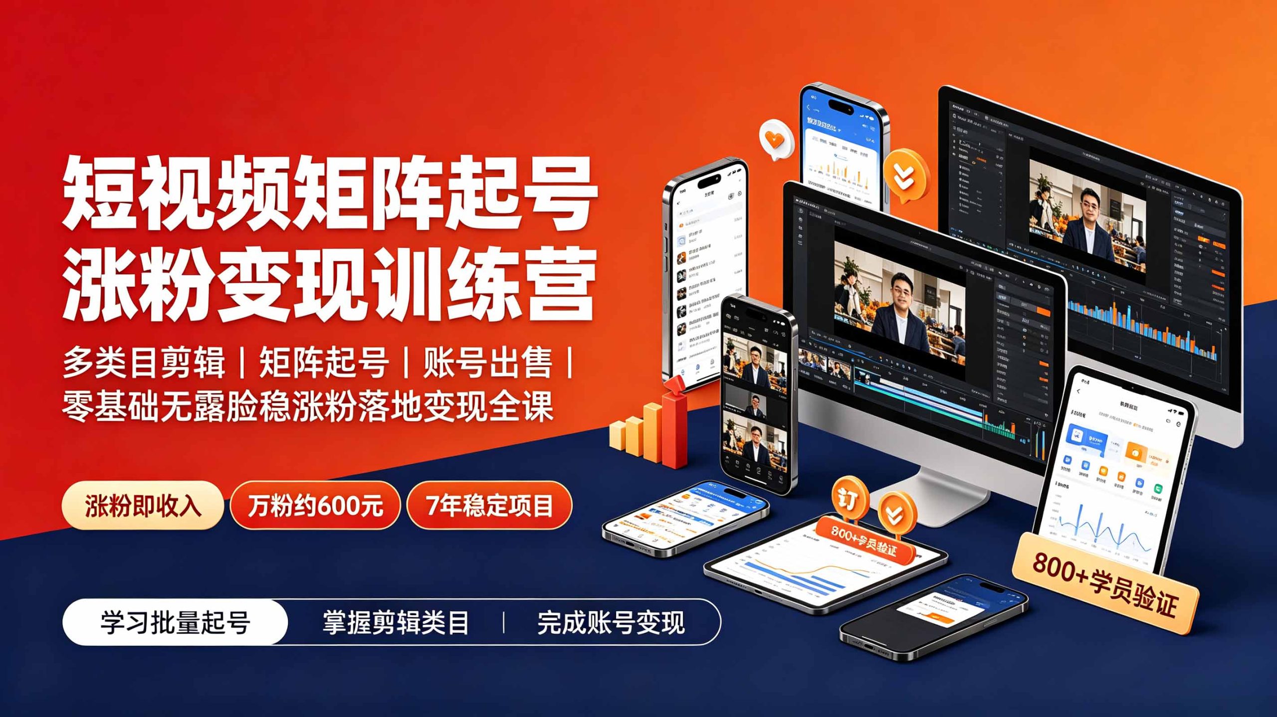 短视频矩阵起号涨粉变现训练营｜多类目剪辑·矩阵起号·账号出售，零基础无露脸稳涨粉落地变现全课-副业终点站