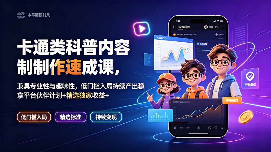 卡通类科普内容制作速成课,兼具专业性与趣味性,低门槛入局持续产出稳拿平台伙伴计划+精选独家收益-副业终点站